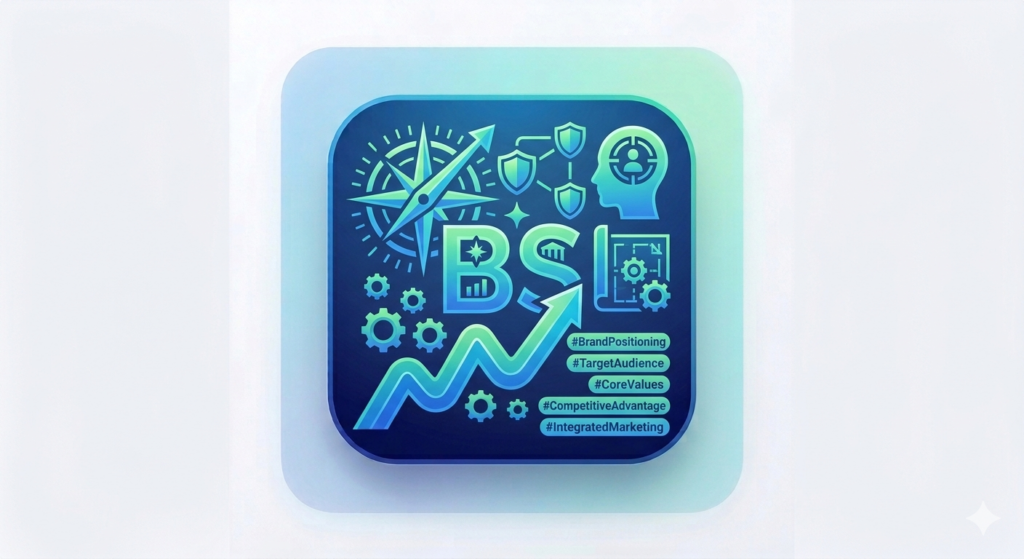 A brand strategy and positioning icon with a compass, target audience profile, and competitive advantage symbols, on a modern blue UI.