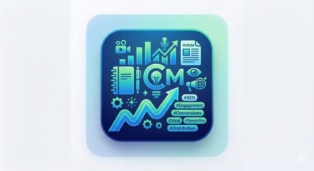 A content marketing strategy icon featuring symbols for blog writing (article, pen), video creation, and podcasting, focused on SEO and viral content.