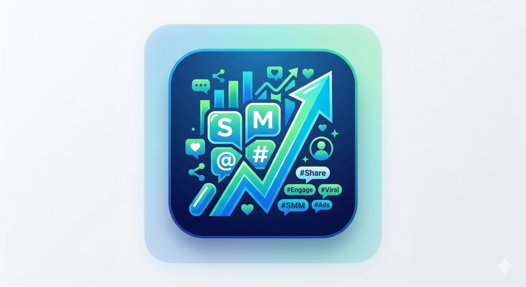 A social media marketing (SMM) app icon showing digital growth with chat bubbles ("SM", "@", "#"), engagement symbols, and a rising growth arrow.