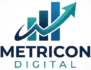 A logo for a digital marketing agency featuring a bar graph with an upward-pointing arrow. The word "METRICON" is below in dark blue capital letters, with "DIGITAL" in smaller blue capital letters underneath
