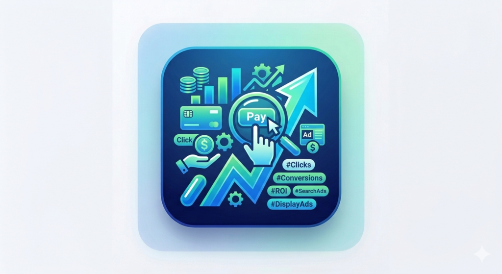 A digital advertising icon representing Pay-Per-Click (PPC) campaigns, with a "Pay" button click, credit card symbols, and search ad performance data.