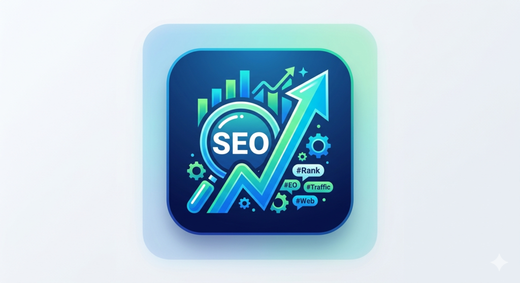 A modern app icon illustrating search engine optimization, featuring a magnifying glass with "SEO" text, data charts, and a large upward-trending arrow.